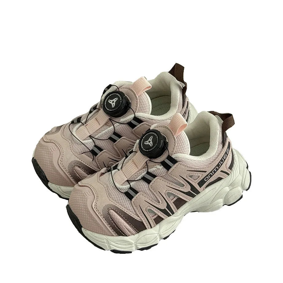 Fashion girls lightweight casual shoes in PU leather mesh, shown in solid black, beige, and pink colours.
