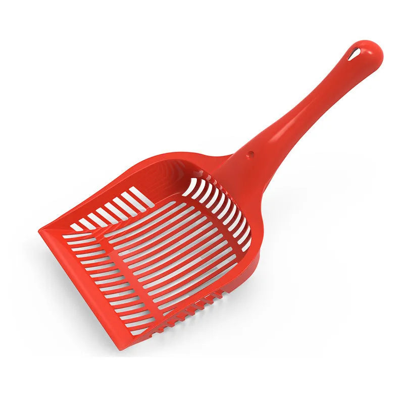 Plastic cat litter scoop in red, yellow or blue colours showing small and medium size options