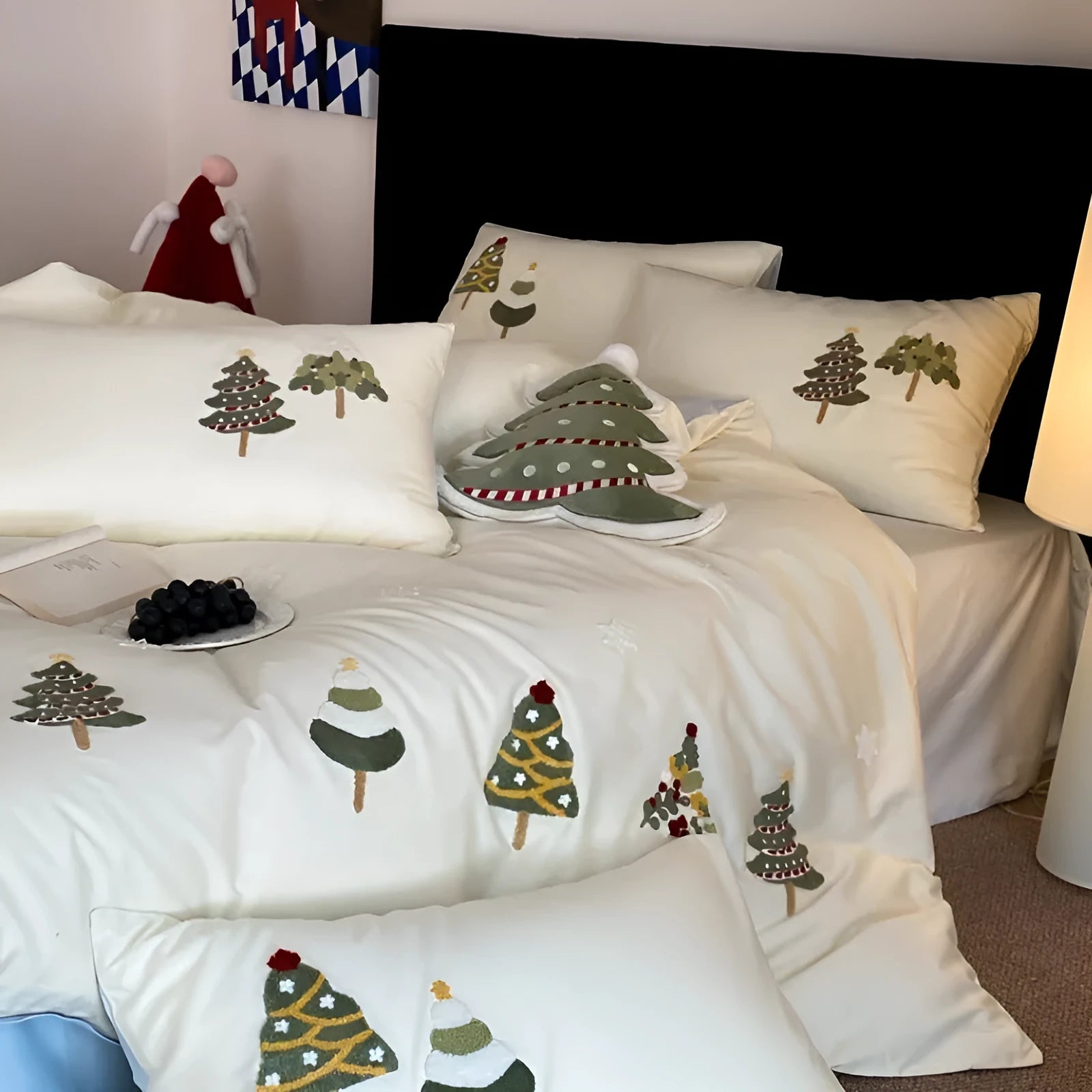 Pure cotton bedding set with embroidered Christmas tree pattern in cream blue or green, showing duvet cover, sheet, and pillowcases.