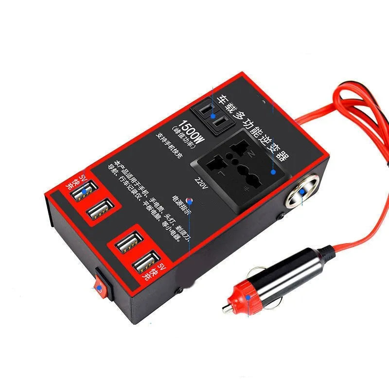 Black 12V 24V to 220V car power converter with universal socket and 4 USB charging ports