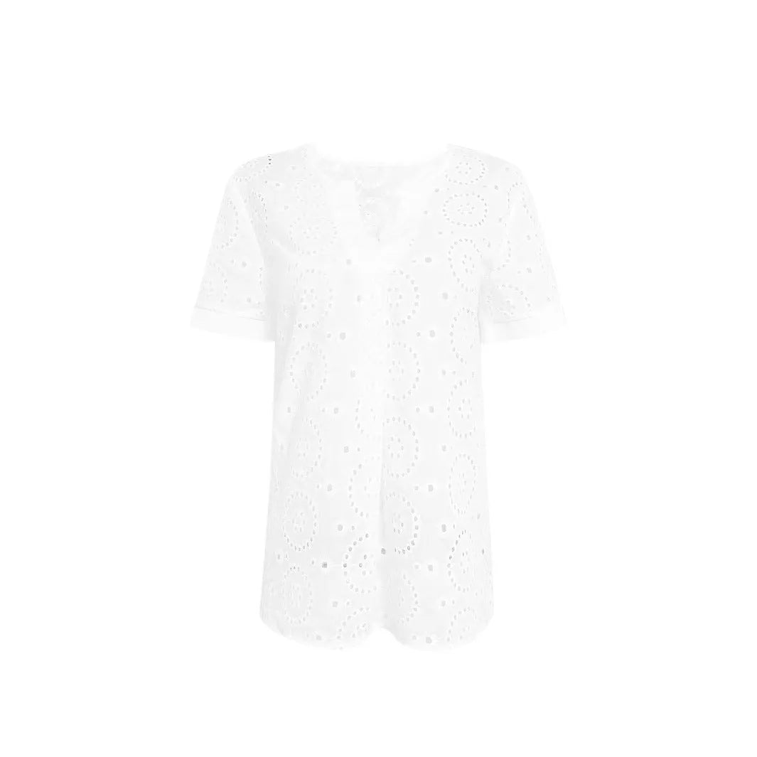 Women's white hollow-out V-neck T-shirt with loose fit and short sleeves