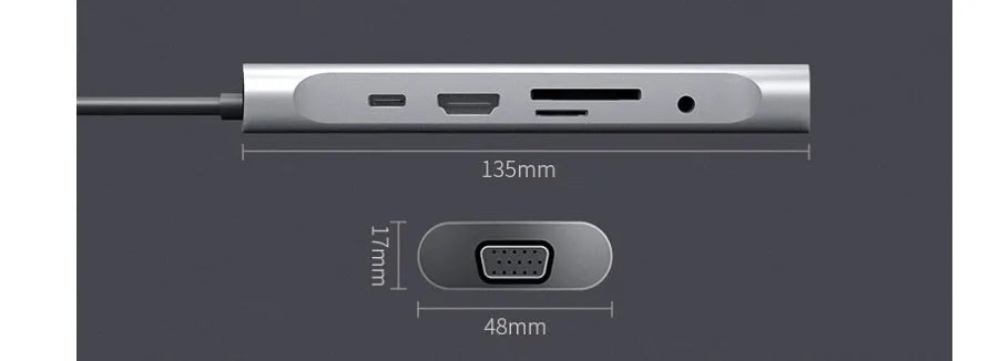 Grey aluminium alloy USB-C docking station with HDMI, VGA, USB 3.0, and Power Delivery ports