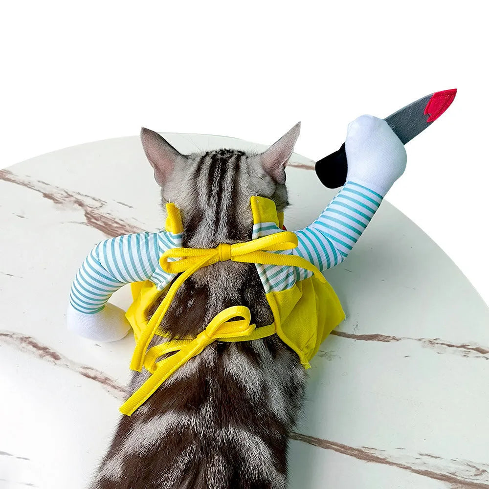 Creative yellow knife assassin cat costume on a cat, made from polyester, available in sizes S to XL