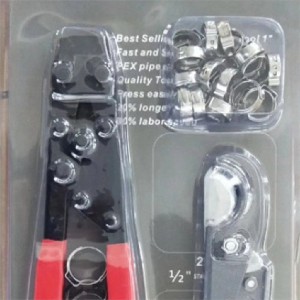 Red coloured metal single ear clamp tool set with carbon steel cutting edge on a workbench.