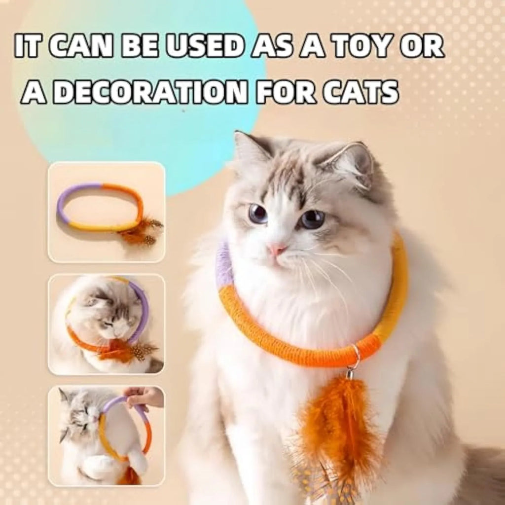 Green circular cotton rope cat toy with feathers and catnip for interactive play