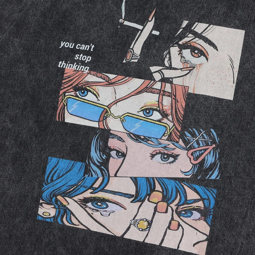 Men's loose black cotton t-shirt with a cartoon print on the front, short sleeve pullover style.