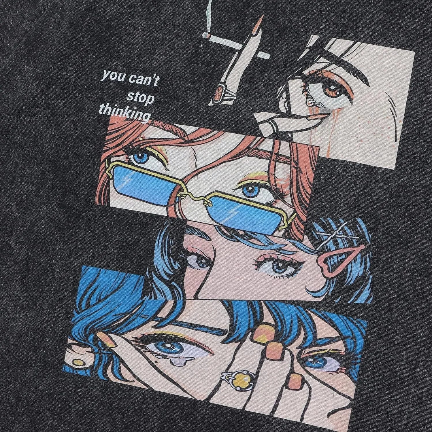 Men's loose black cotton t-shirt with a cartoon print on the front, short sleeve pullover style.