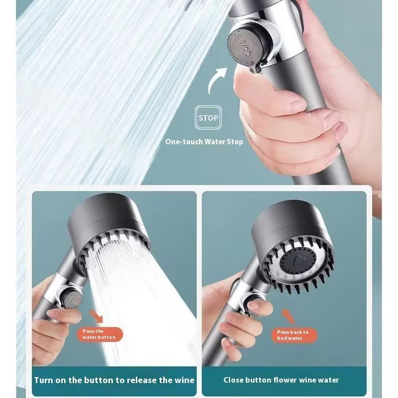 Portable ABS plastic shower head with third gear adjustment for spray, massage, and rain settings.