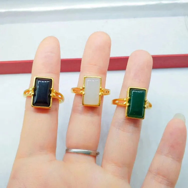 Adjustable national style brass gold-plated ring with gemstone inlay in black, green or white options