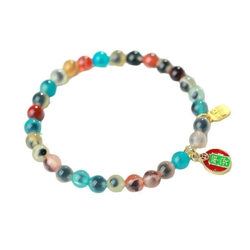 Natural agate coloured glaze copper coin snake bracelet for women, fu character style, handmade, 6mm or 8mm beads