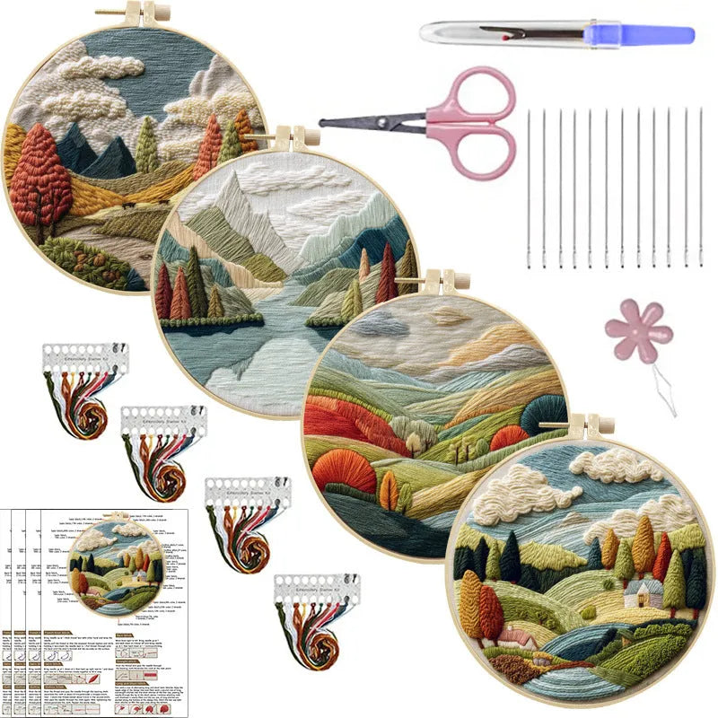 Embroidery DIY landscape kit with cotton fabric, bamboo frame, threads, and needles for handmade cloth art.