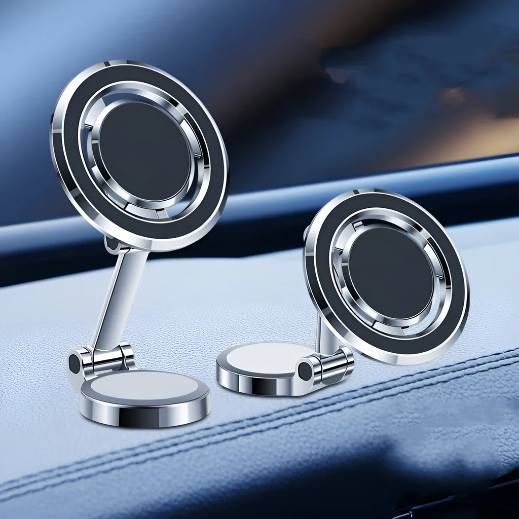 Car mobile phone holder with adjustable bracket and magnetic mount in black and silver colours
