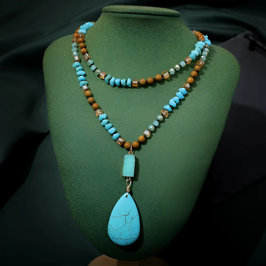 Turquoise blue heart pendant necklace with mixed gem inlay on ball bead chain