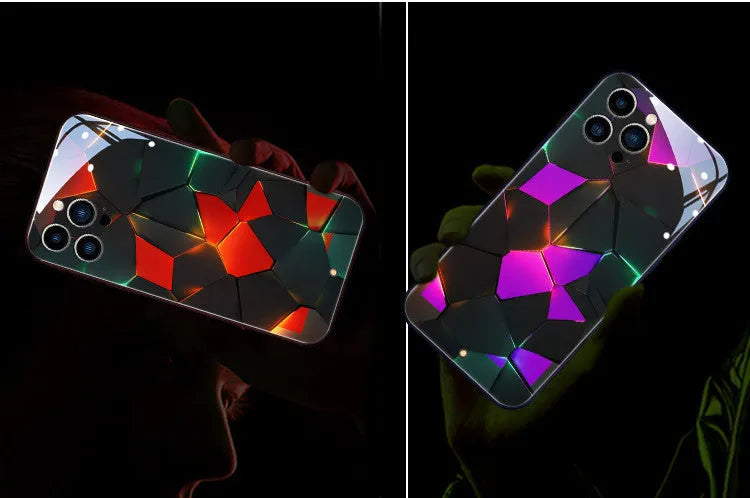 Xpress 14 tempered glass mobile phone case with yellow and green diamond grid pattern and integrated incoming light.