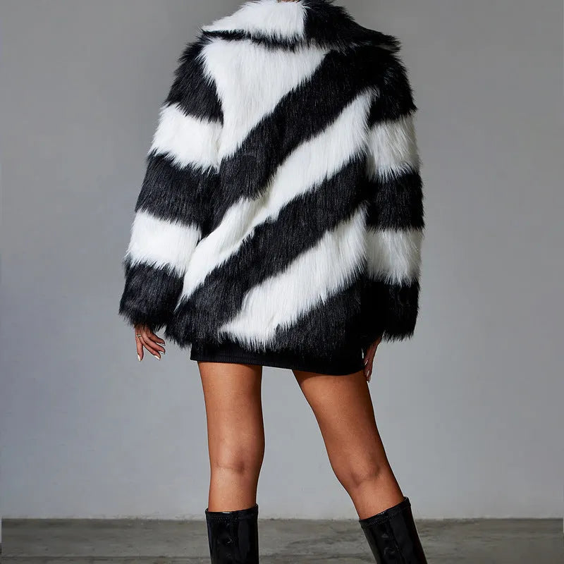 Faux fur coat with contrast lapels and fur collar in normal length