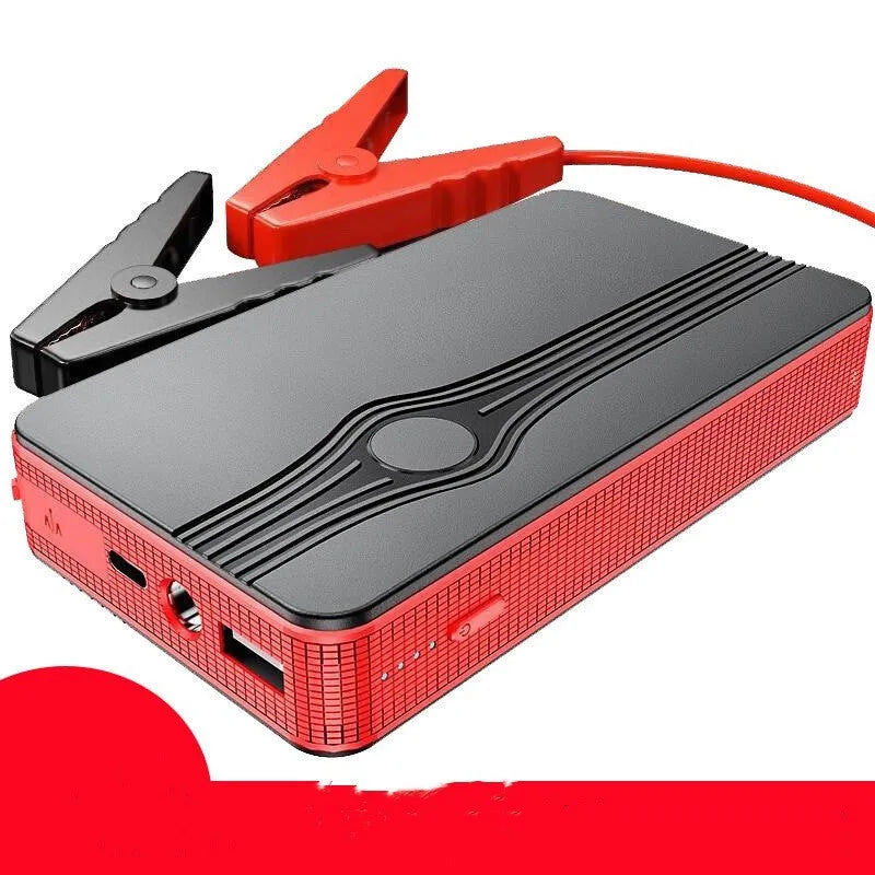 Red K4-E automobile emergency starting power supply with data cable, dimensions 139x79x25mm.