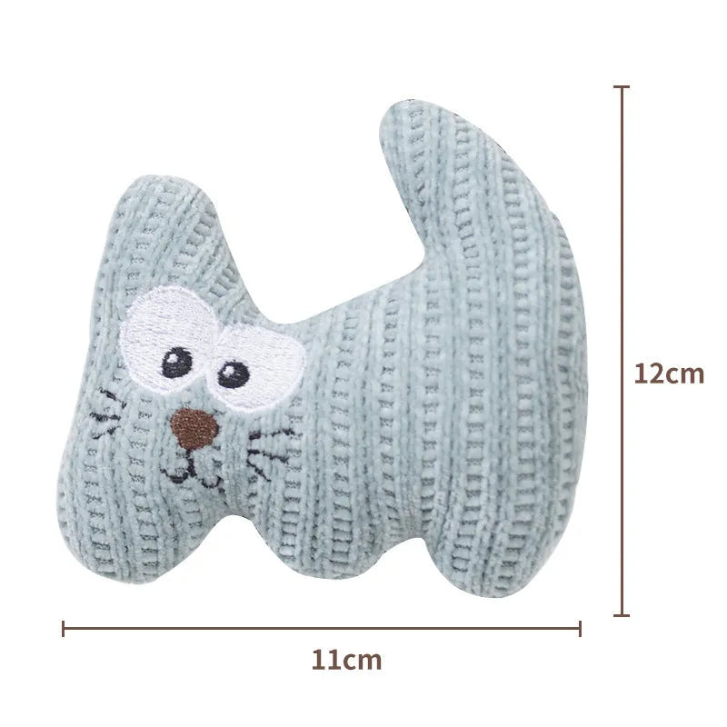 Cyan plush cat toy with rope details and a bell, shown next to a light coffee colour option.
