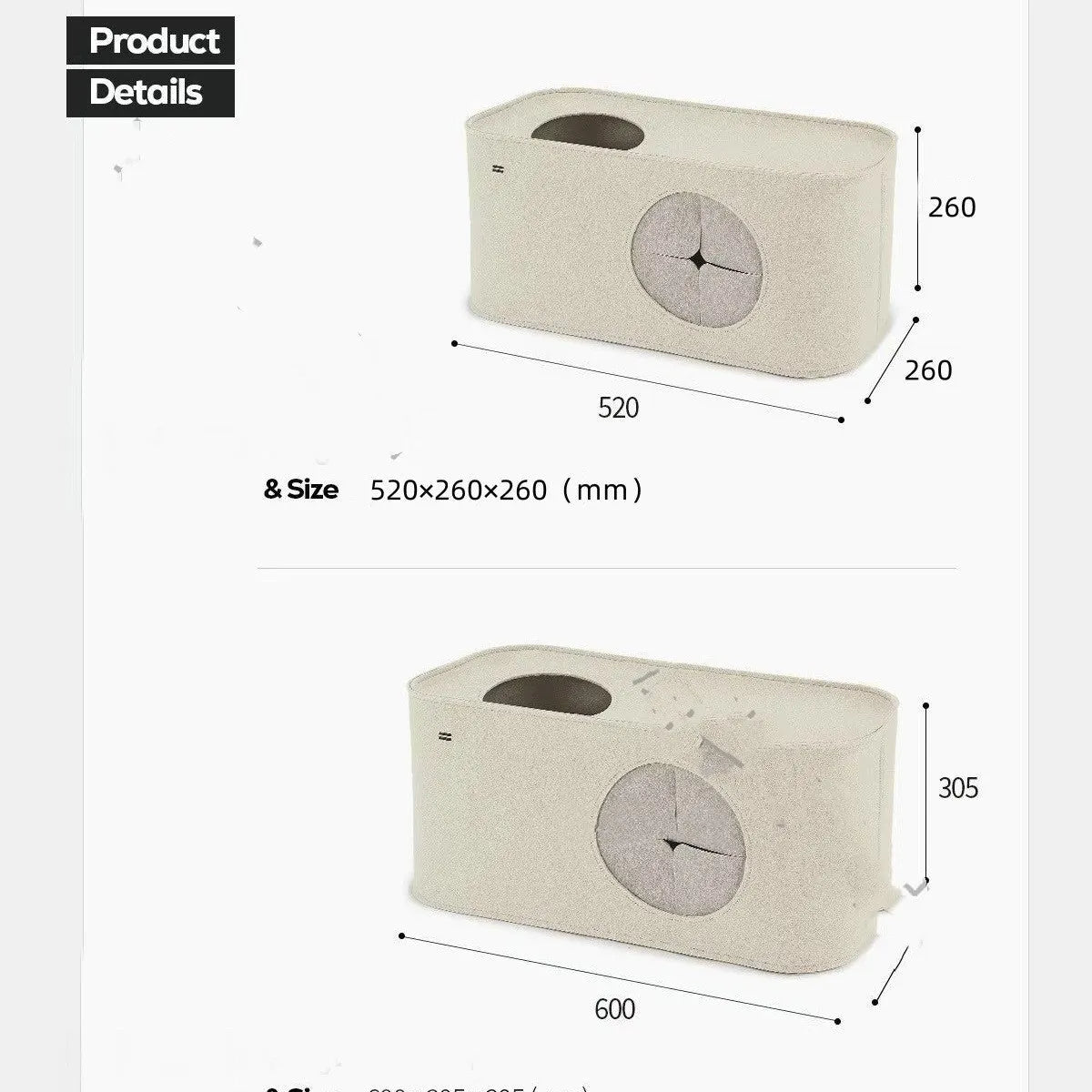 Foldable felt cat nest in khaki on a flat surface, 52x26x26cm size option