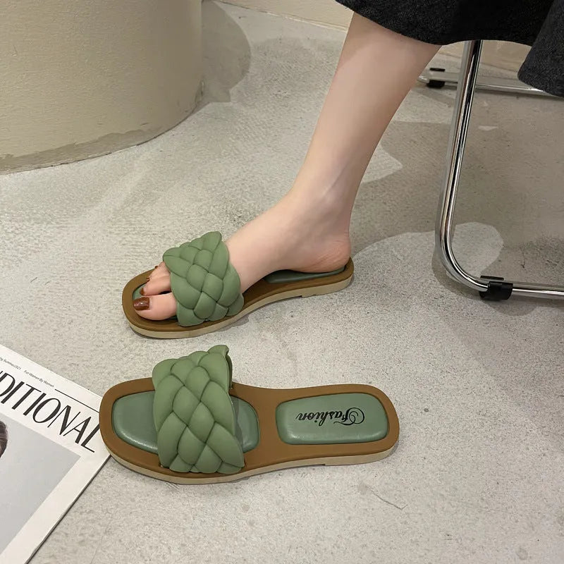 Women's plaid pattern PVC beach sandals with thick anti-skid sole in green colour.