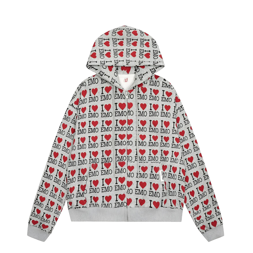 Women's mixed grey retro pattern hooded cotton cardigan shown from front, long sleeves and regular fit.