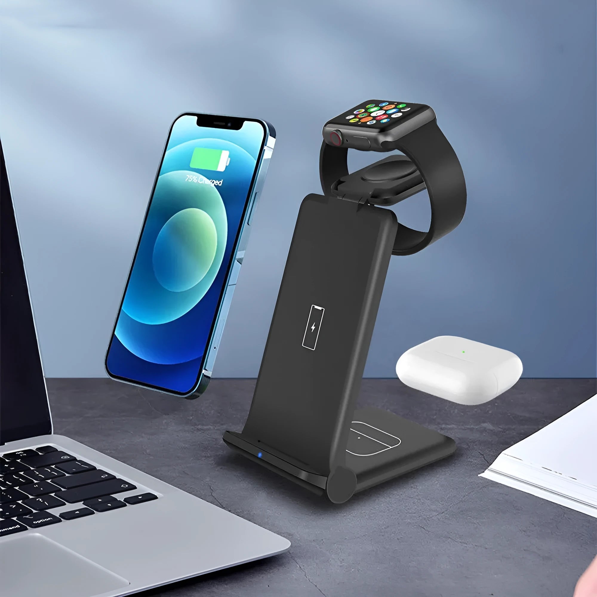 Black and white 3-in-1 wireless charging station for phones, Apple Watch and AirPods with foldable design