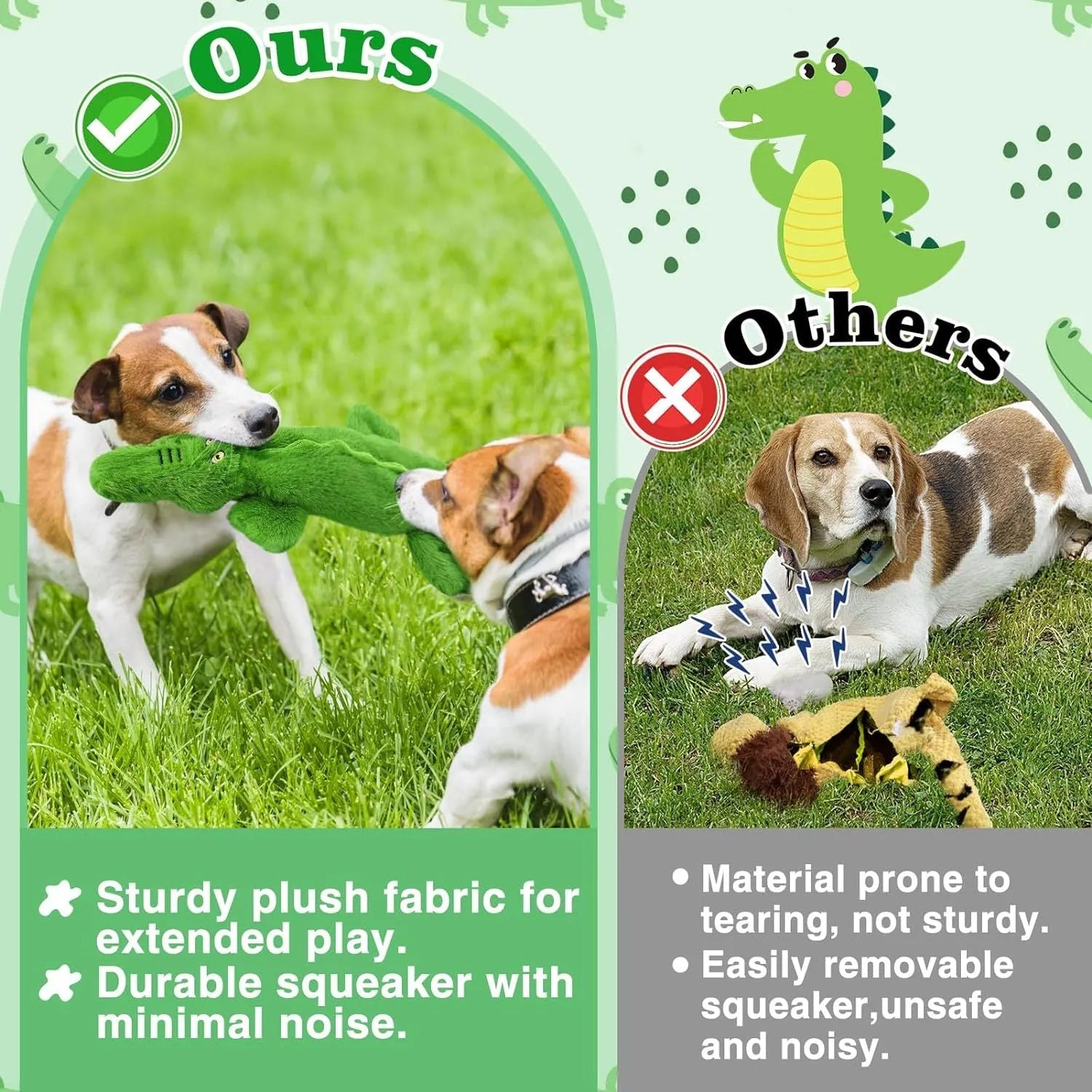 Green plush crocodile dog toy with no-stuffing construction and squeaker features