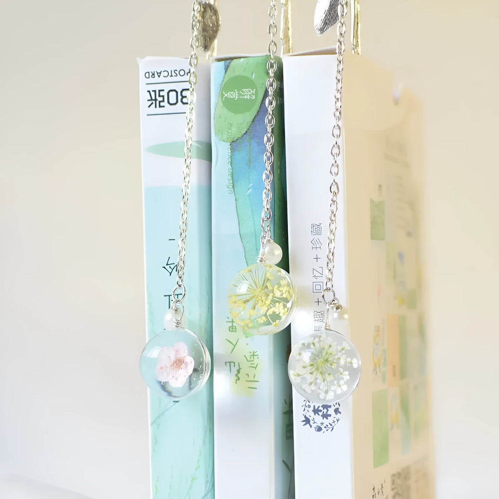Dried flower specimen bookmark in alloy metal frame, 12cm length with botanical details