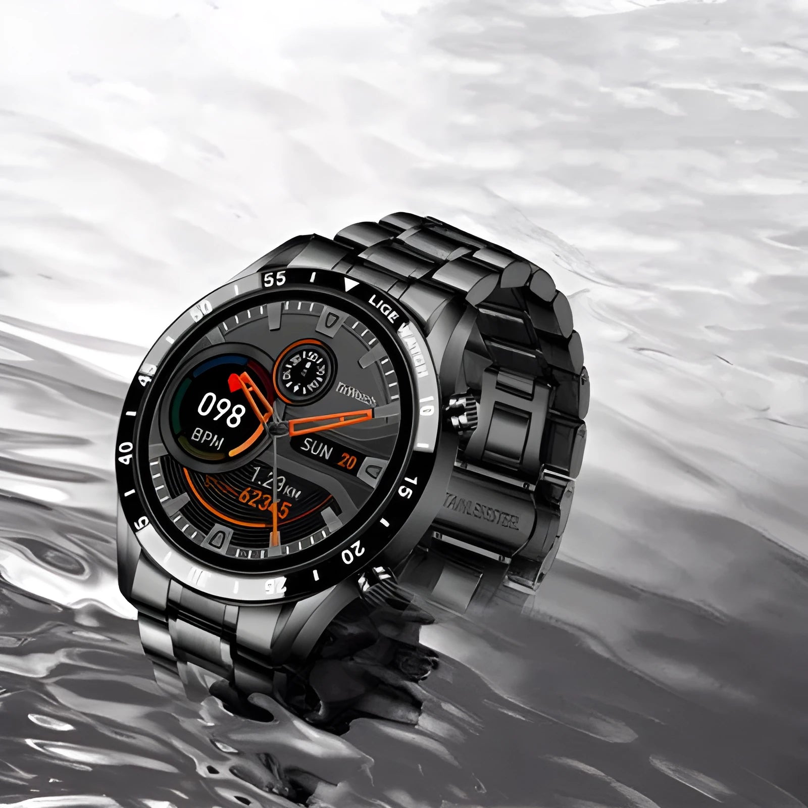Stainless steel smart watch with black band and 1.3 inch touchscreen display.