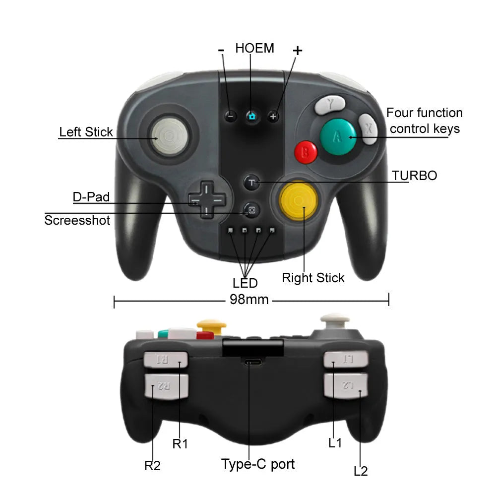 Black wireless gamepad with colourful packaging for Nintendo Switch and Windows PCs