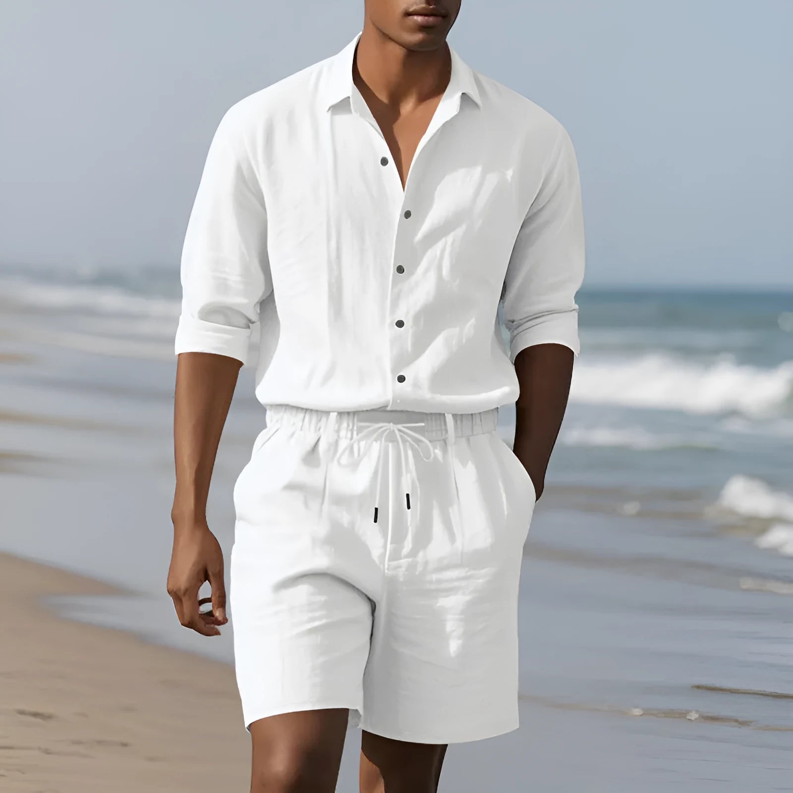 Linen long sleeve shirt and shorts beach suit in khaki on model