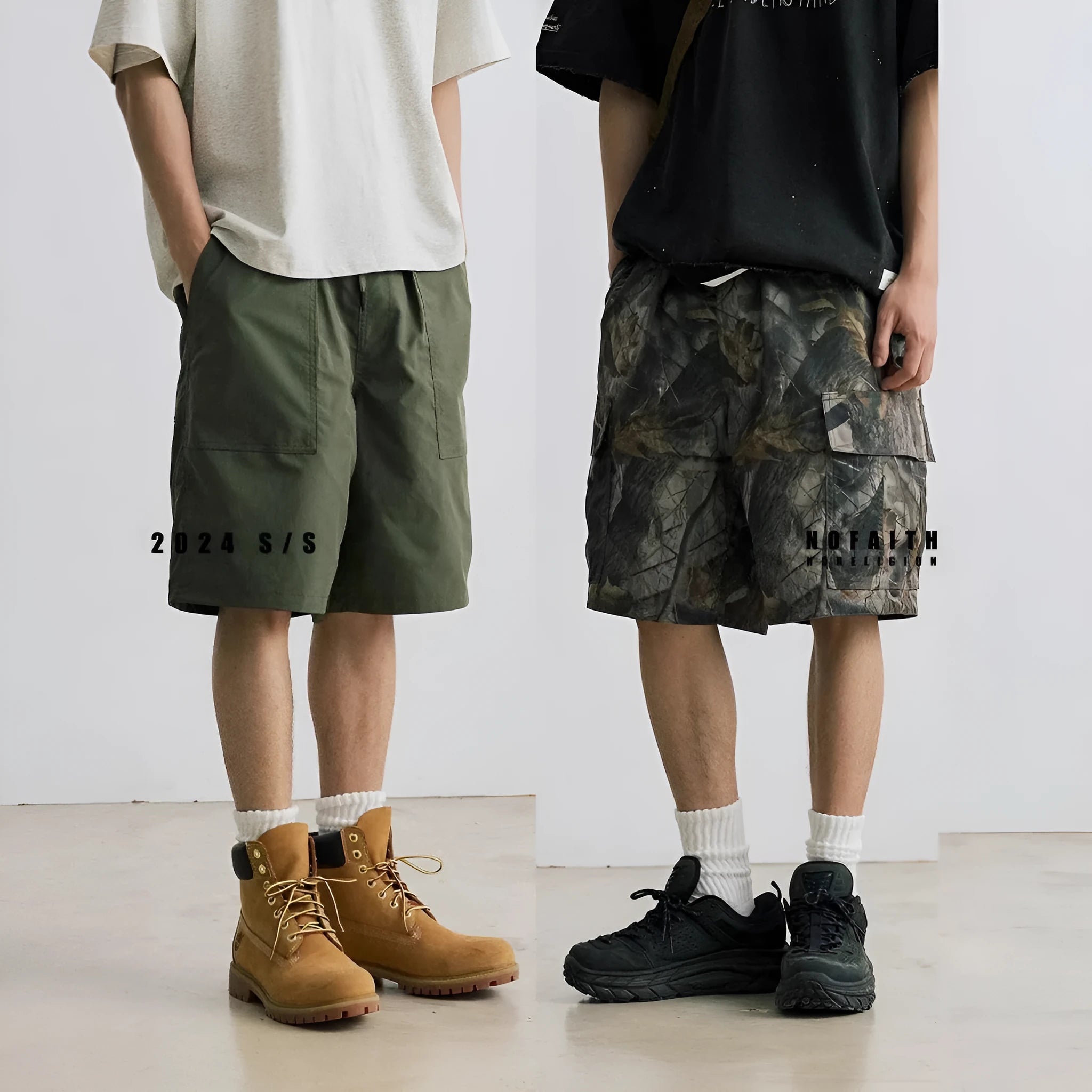 Men's loose fit straight-leg denim shorts in army green on a plain background.