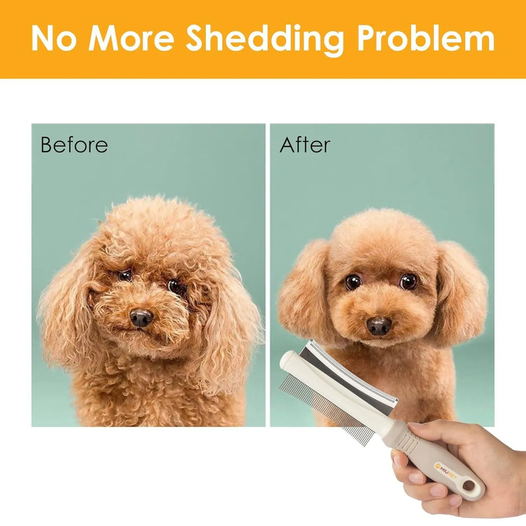 White 2-in-1 double-sided dog and cat deshedding brush with grooming comb and ergonomic handle