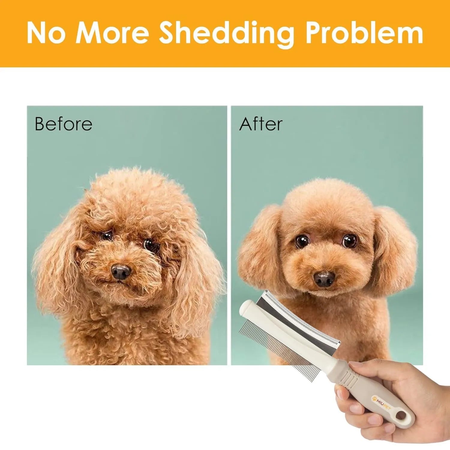 White 2-in-1 double-sided dog and cat deshedding brush with grooming comb and ergonomic handle