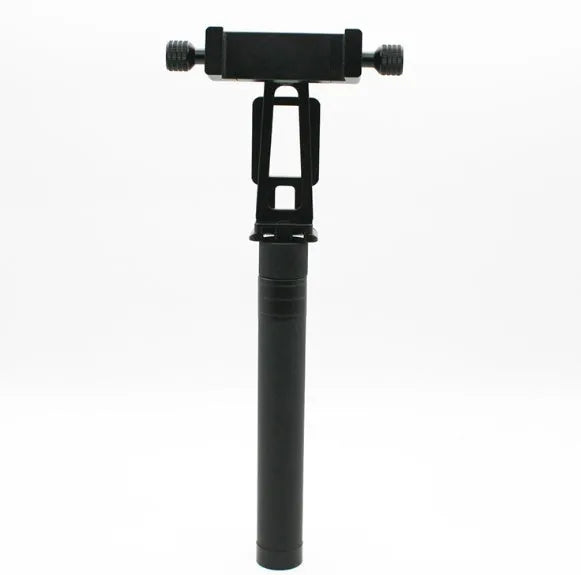 Retracted and extended views of a black aluminium selfie stick with phone holder and separate Bluetooth remote.