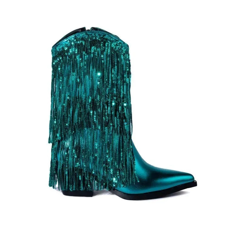 Women's black PU leather tassel boots with a super high chunky stiletto heel and pointed toe on a white background.