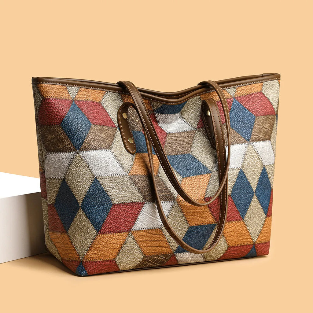 Women's fashion large capacity PVC shoulder handbag in blue brown for business commute and leisure travel