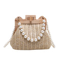 Women's straw woven shoulder bag with beach pearl chain detailing and horizontal square shape
