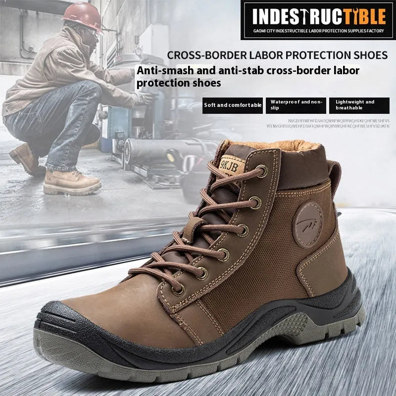 Men's orange lightweight leather safety work shoes with rubber sole on a industrial background.