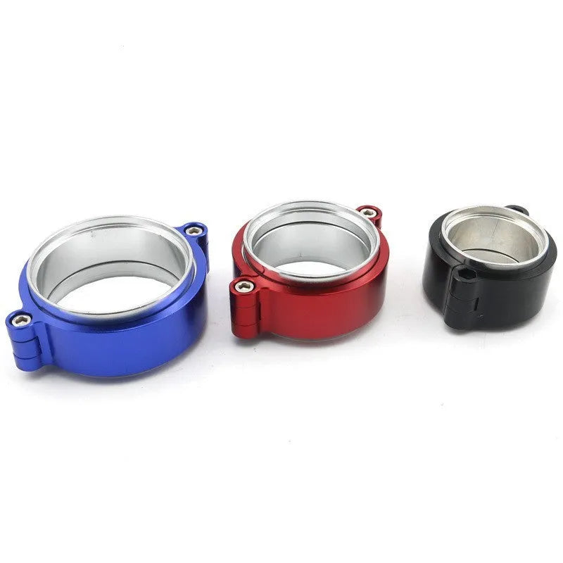 Aluminium exhaust clamp for turbo downpipes in black, blue, and red with 800psi pressure rating