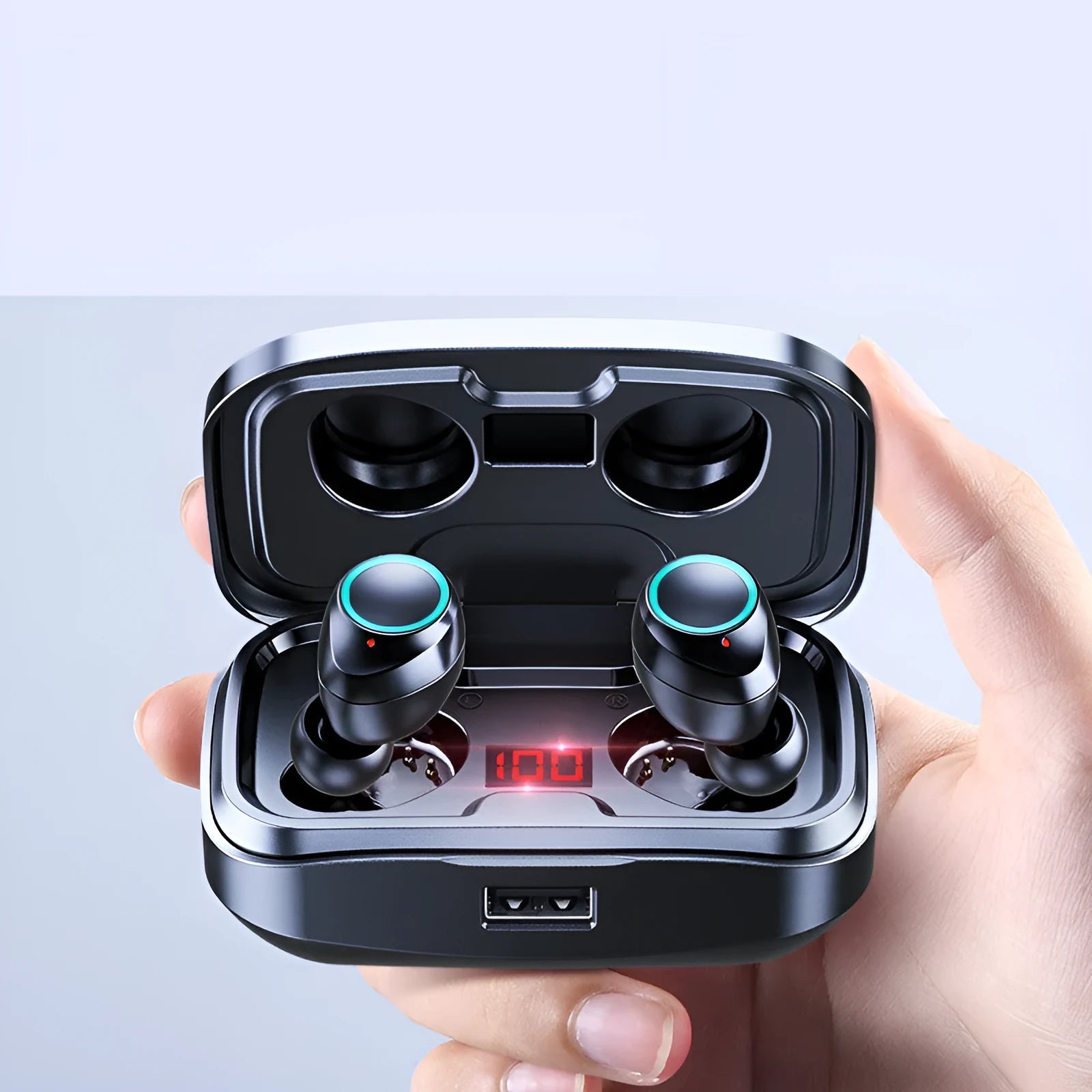 Jerry wireless Bluetooth earphones in black, blue, or red colours with in-ear design
