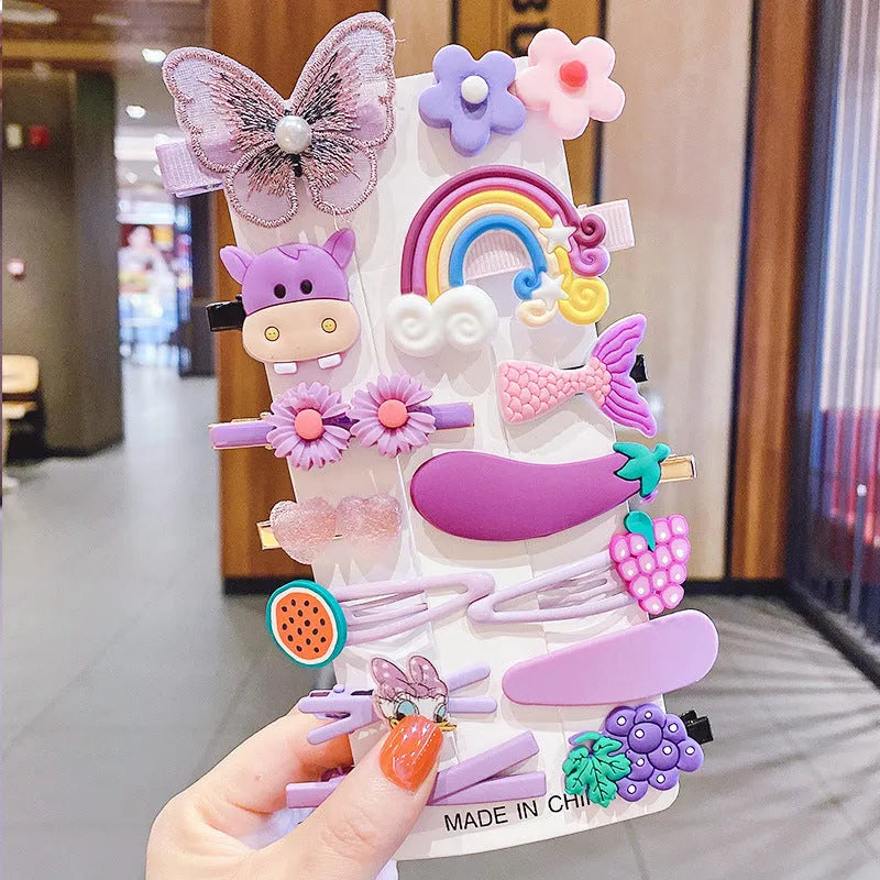 14-piece toddler hair accessories set: colourful rainbow, fruit, and butterfly barrettes in soft silicone clay.