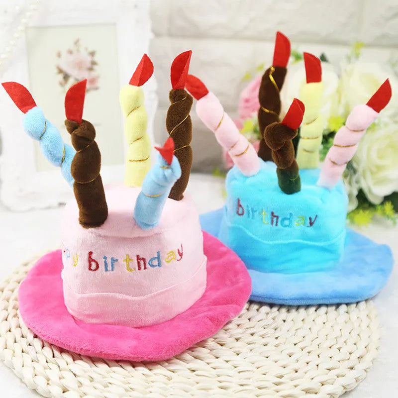 A blue or pink lightweight birthday hat for dogs on a white background.
