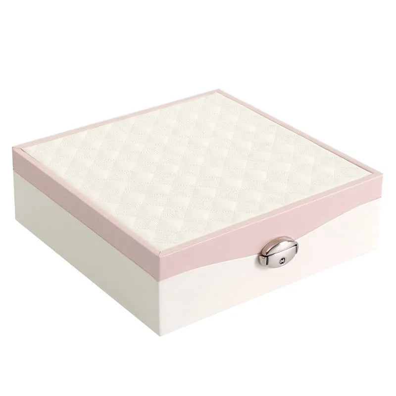 Red large capacity PU jewelry storage box open to show compartments for necklaces, rings, and earrings.
