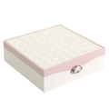 Red large capacity PU jewelry storage box open to show compartments for necklaces, rings, and earrings.