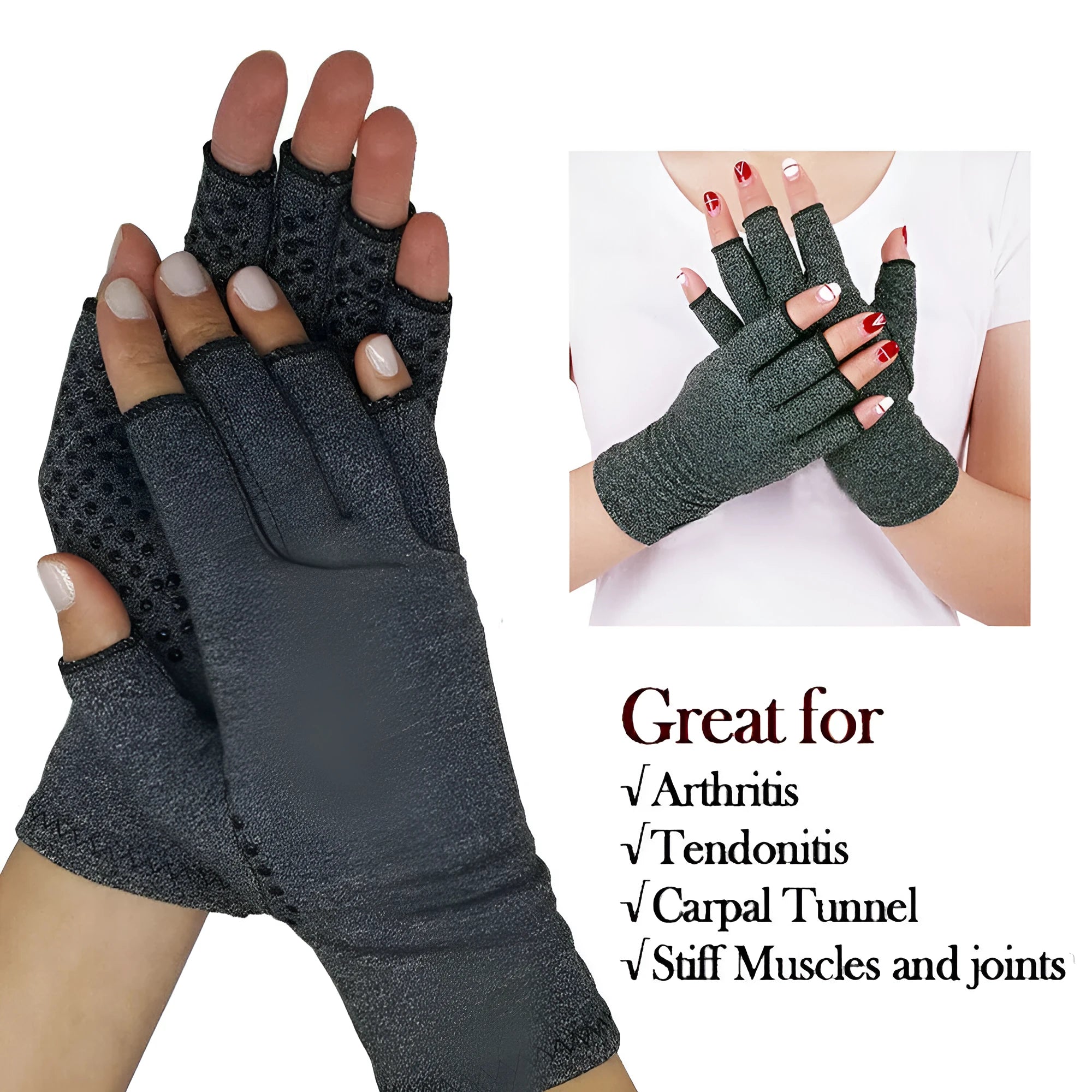Grey half-finger compression gloves showing dispensing and standard fit options in three sizes