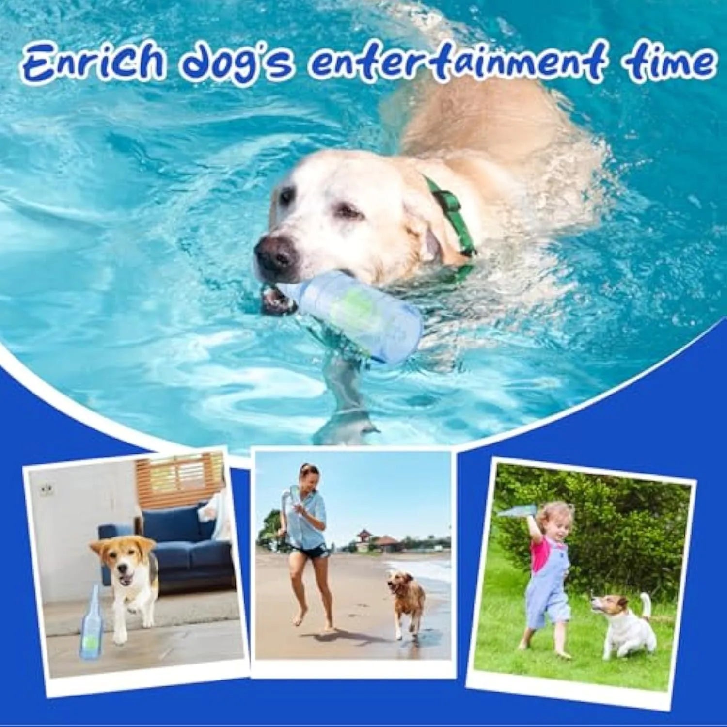 Blue water bottle dog toy with squeaker and internal tennis ball on grass