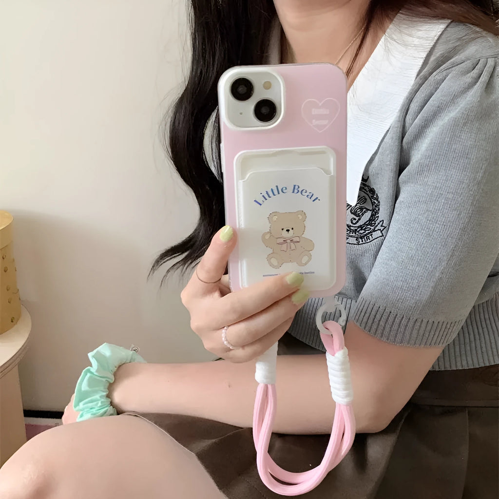 Pink bear TPU card holder lanyard phone case for iPhone 11 to 15 Pro Max with detachable strap