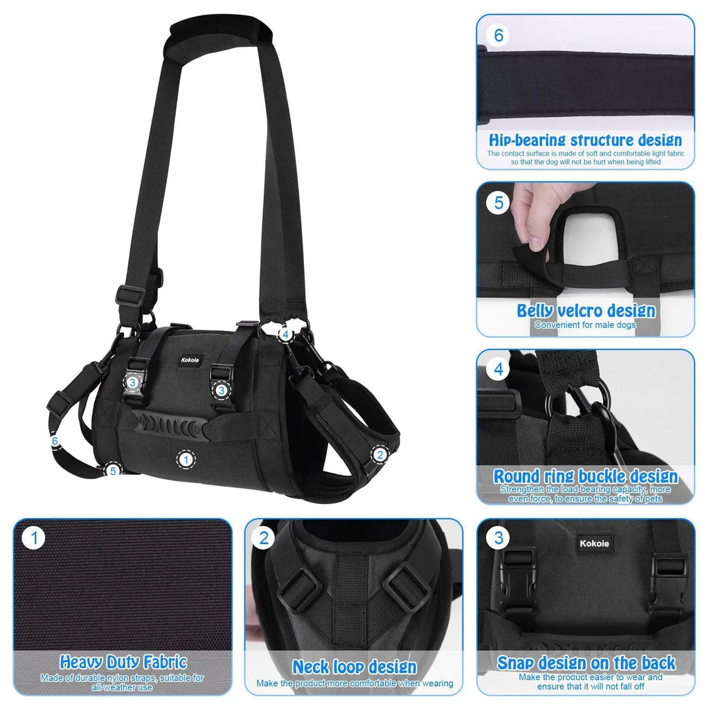 Black Oxford cloth dog rehabilitation harness with adjustable straps for leg support