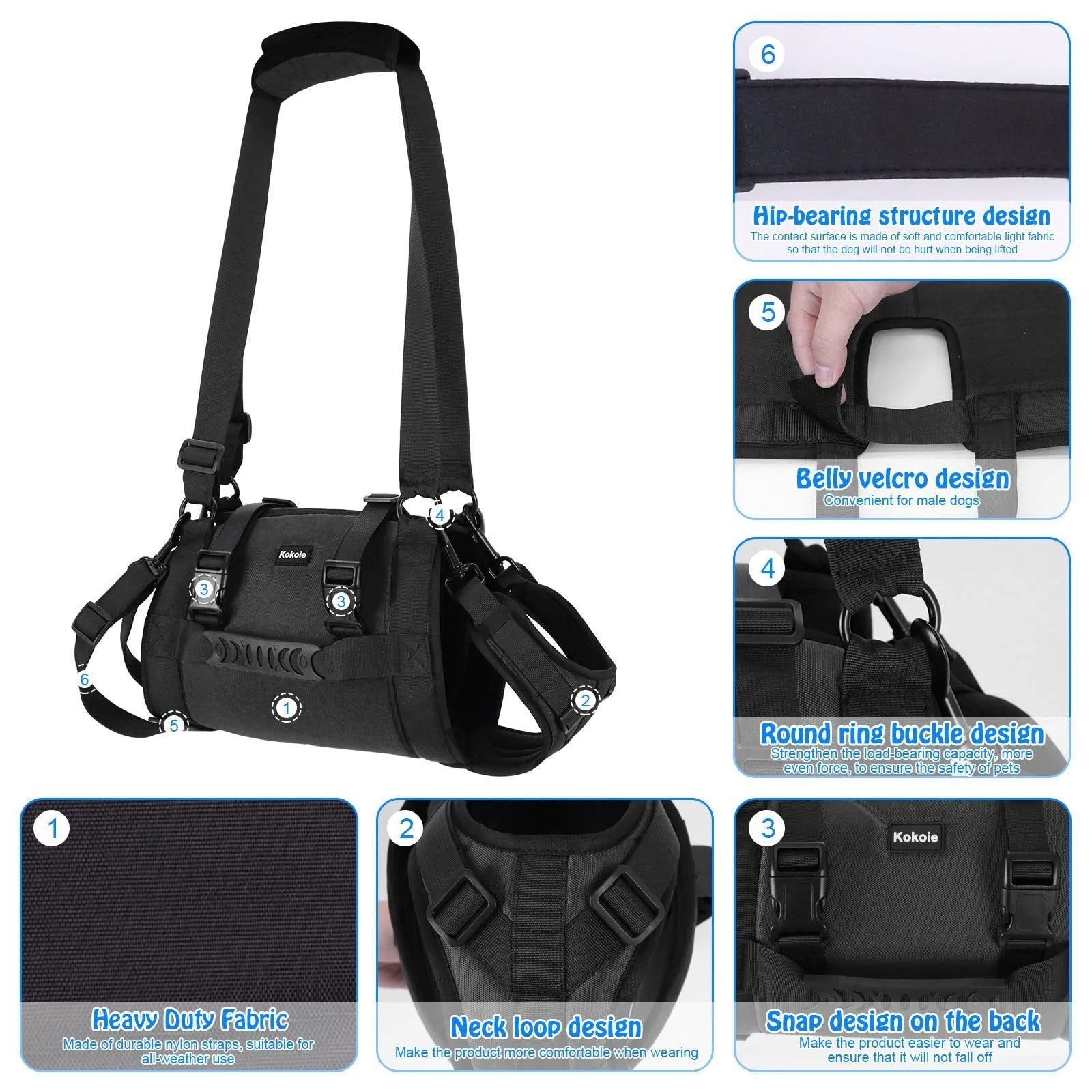 Black Oxford cloth dog rehabilitation harness with adjustable straps for leg support