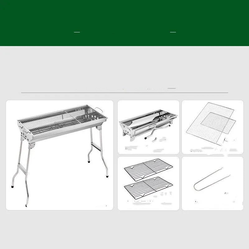 Stainless steel portable folding barbecue oven with large grill, shown outdoors.